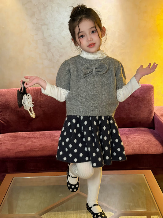 Girls Bow Knit Vest & Sweater Skirt Set - Sweet Autumn