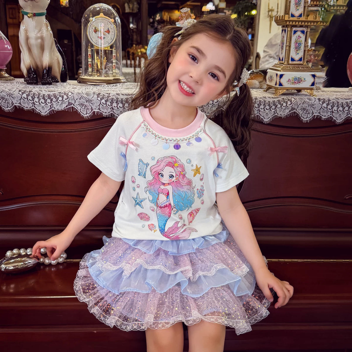 Girls Cartoon Tee & Cake Skirt Set - Sweet Summer Mix & Match