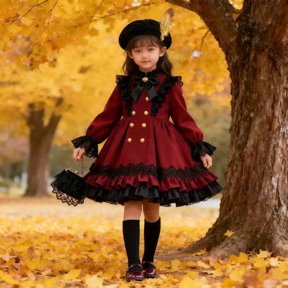Girls French-Court Lolita Dress - Red Birthday Gala Puffy Gown, Unlined or Fleece-Lined
