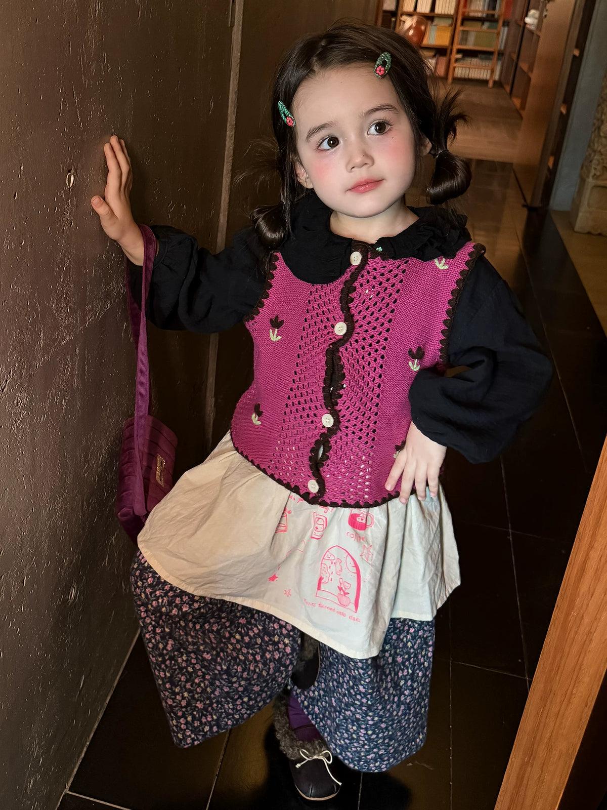 Girls Crochet Vest & Doll-Collar Shirt Set - Autumn Three-Piece