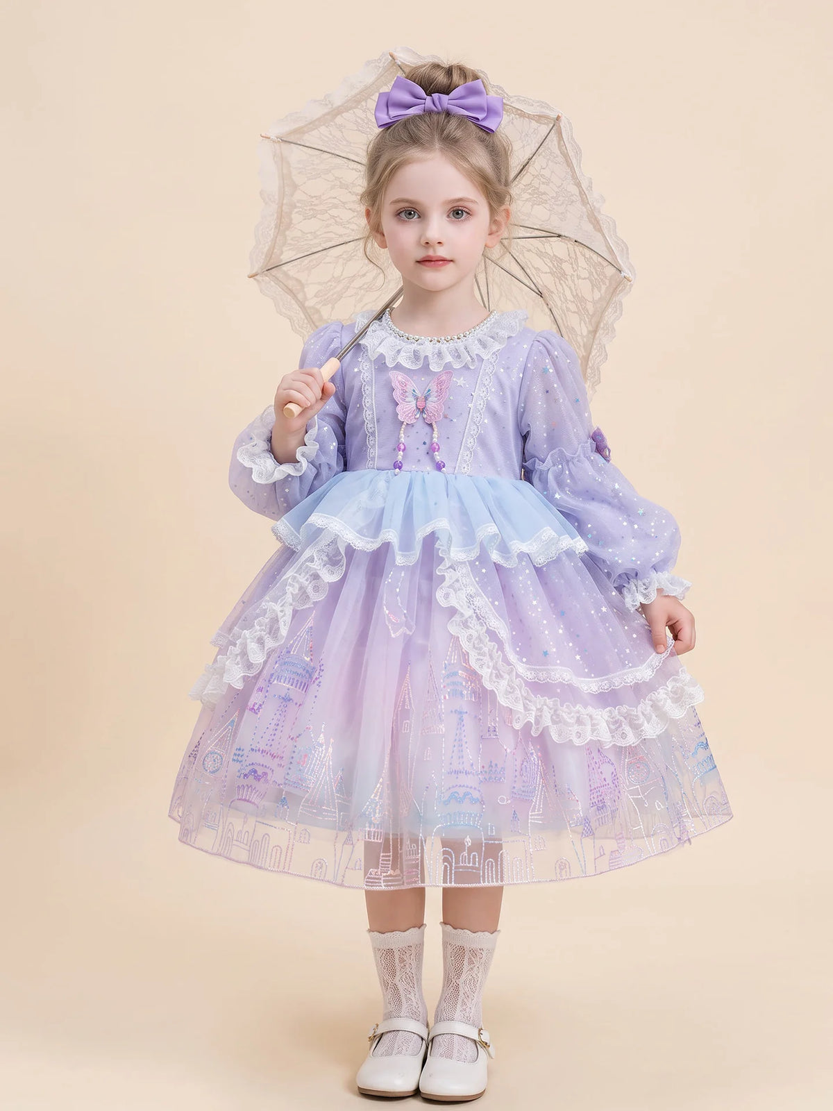 Girls Lolita Flower-Girl Dress - Tulle Princess Gown in Pink Purple