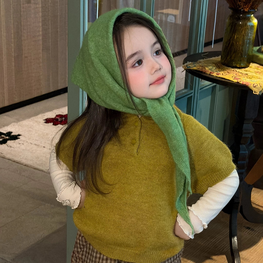 Girls Knit Polo & Plaid Pants Set - Retro Autumn Three-Piece