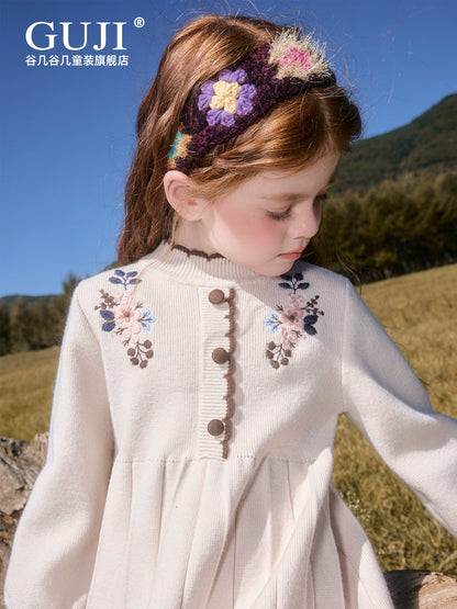 Girls Knit Princess Dress - Embroidered Autumn Long-Sleeve Gown