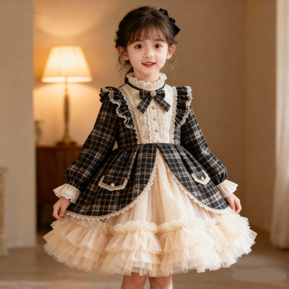 Girls Chanel-Style Lolita Dress - Fleece-Lined Tulle Birthday Princess Gown
