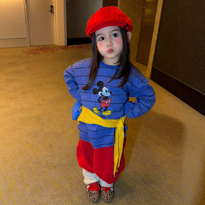 Girls Cartoon Striped Tee & Pants Set - Relaxed Korean Autumn Two-Piece