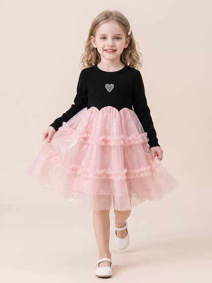 Girls Black Mesh-Panel Long-Sleeve Dress - Tiered Princess Dress