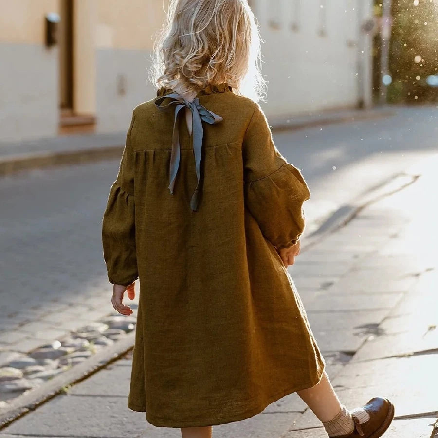 Pure Linen Lace-Collar Dress - Embroidered Long-Sleeve Autumn