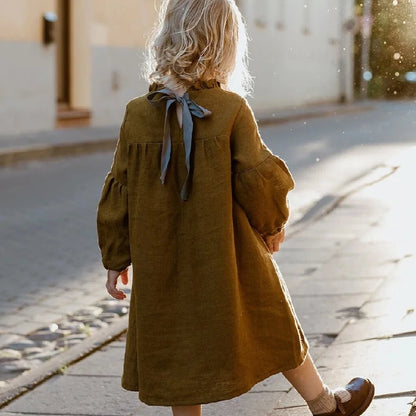 Pure Linen Lace-Collar Dress - Embroidered Long-Sleeve Autumn