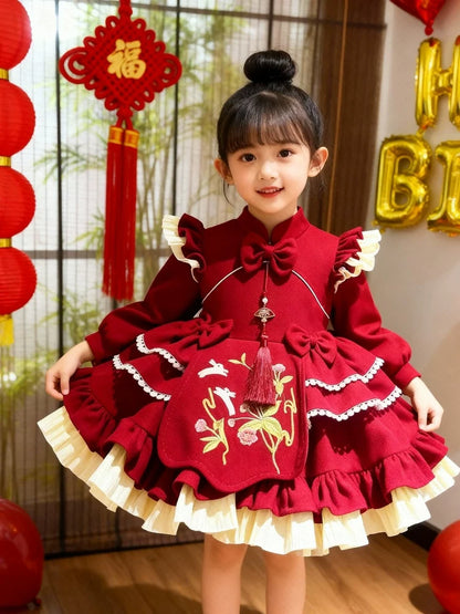 Girls Red Fleece-Lined Lolita Birthday Dress - Festive Puffy Gown