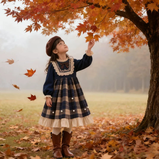 Girls Preppy Plaid Lolita Dress - Fleece-Lined Birthday Princess Gown