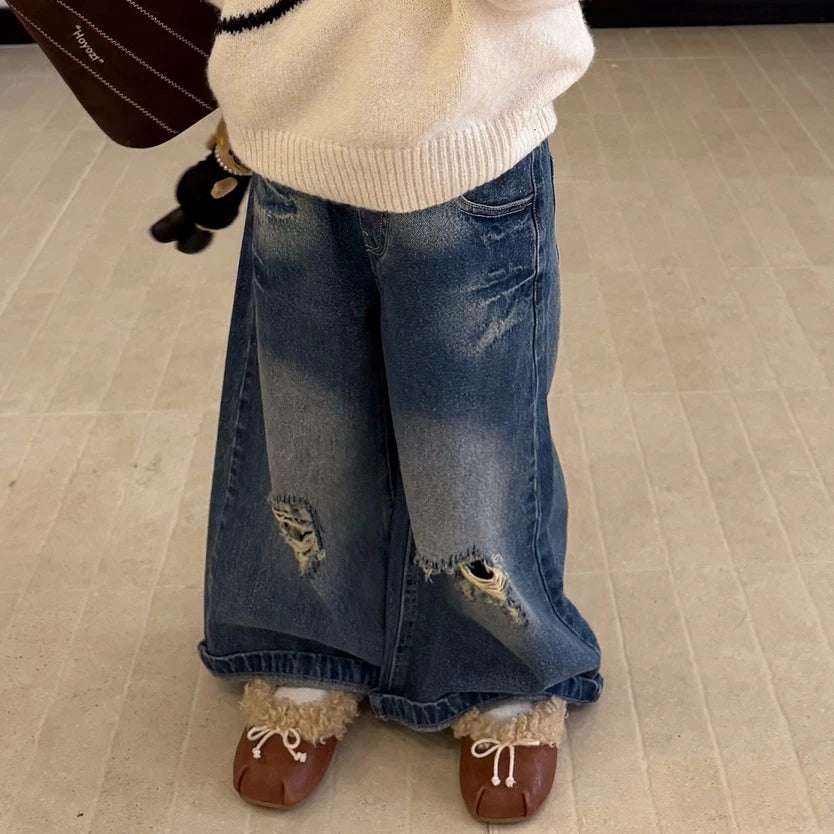 Girls Kitty Cartoon Sweater & Jeans Set - Soft Knit Autumn Two-Piece