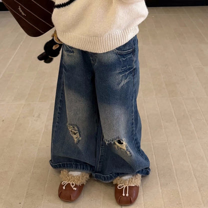 Girls Kitty Cartoon Sweater & Jeans Set - Soft Knit Autumn Two-Piece