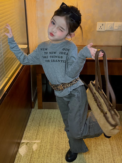 Girls Long-Sleeve Tee & Cargo Flare Pants Set - Korean Autumn Two-Piece