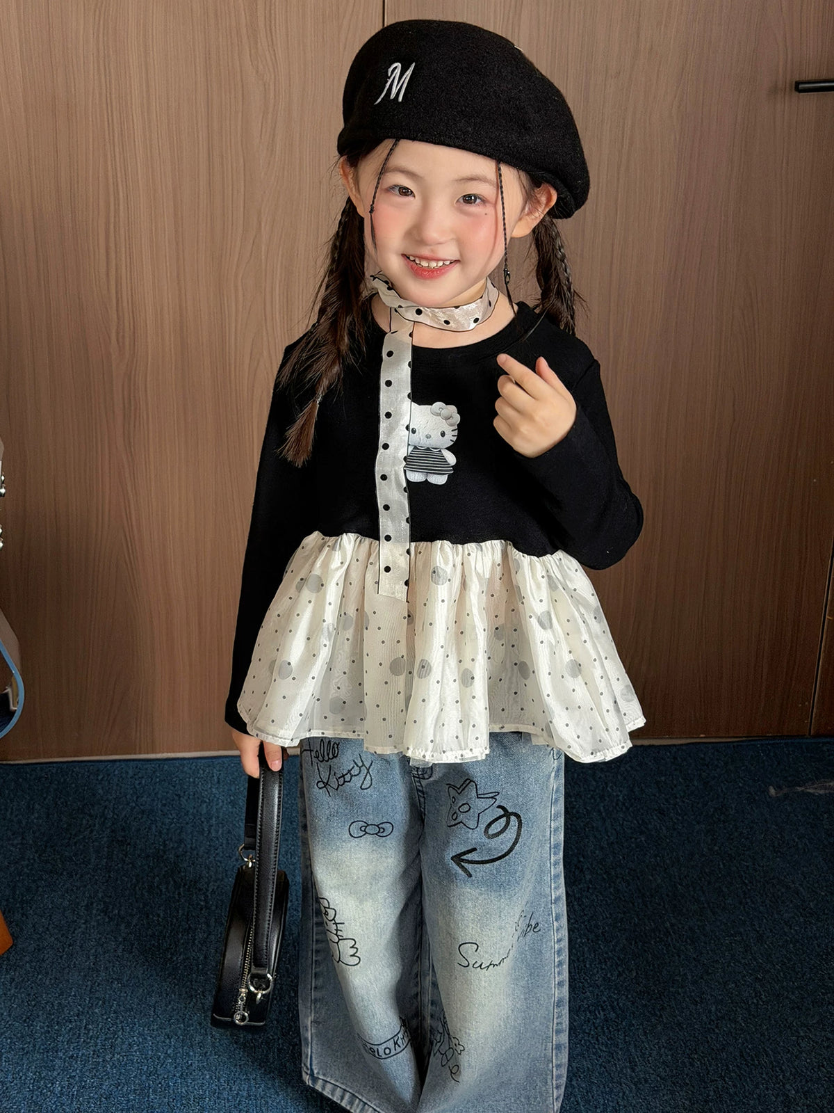 Girls Mesh-Panel Kitty Top & Jeans Set - Sweet Autumn Two-Piece