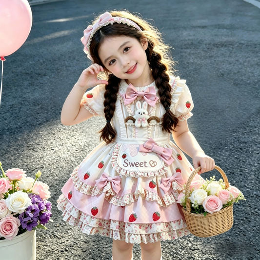 Girls Strawberry-Bunny Lolita Dress - Sleeveless Puffy Princess Gown
