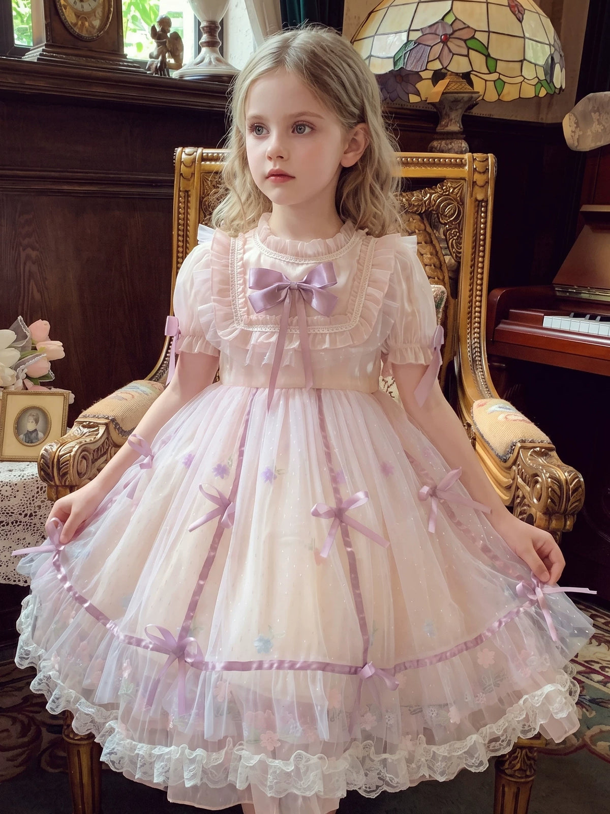 Girls Lolita Puff-Sleeve Dress - Layered Tulle Princess Gown