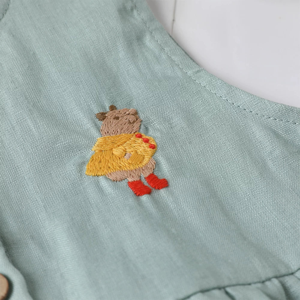 Girls Sleeveless Linen Dress - Alice Embroidery Summer