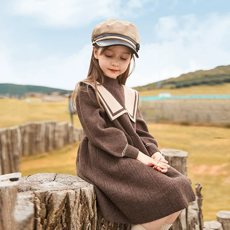 Girls Fleece-Lined Knit Dress - Preppy Princess Sweater Dress