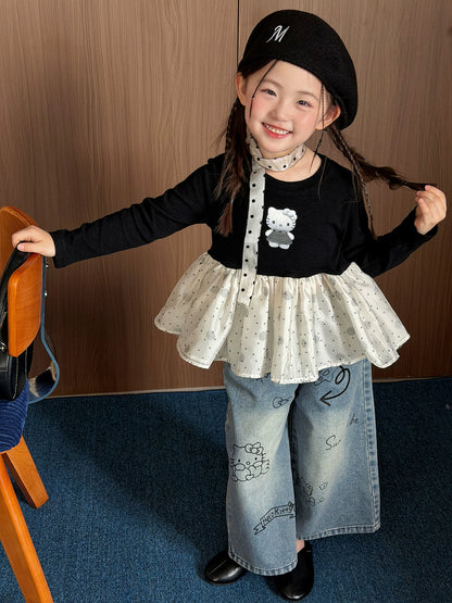 Girls Mesh-Panel Kitty Top & Jeans Set - Sweet Autumn Two-Piece
