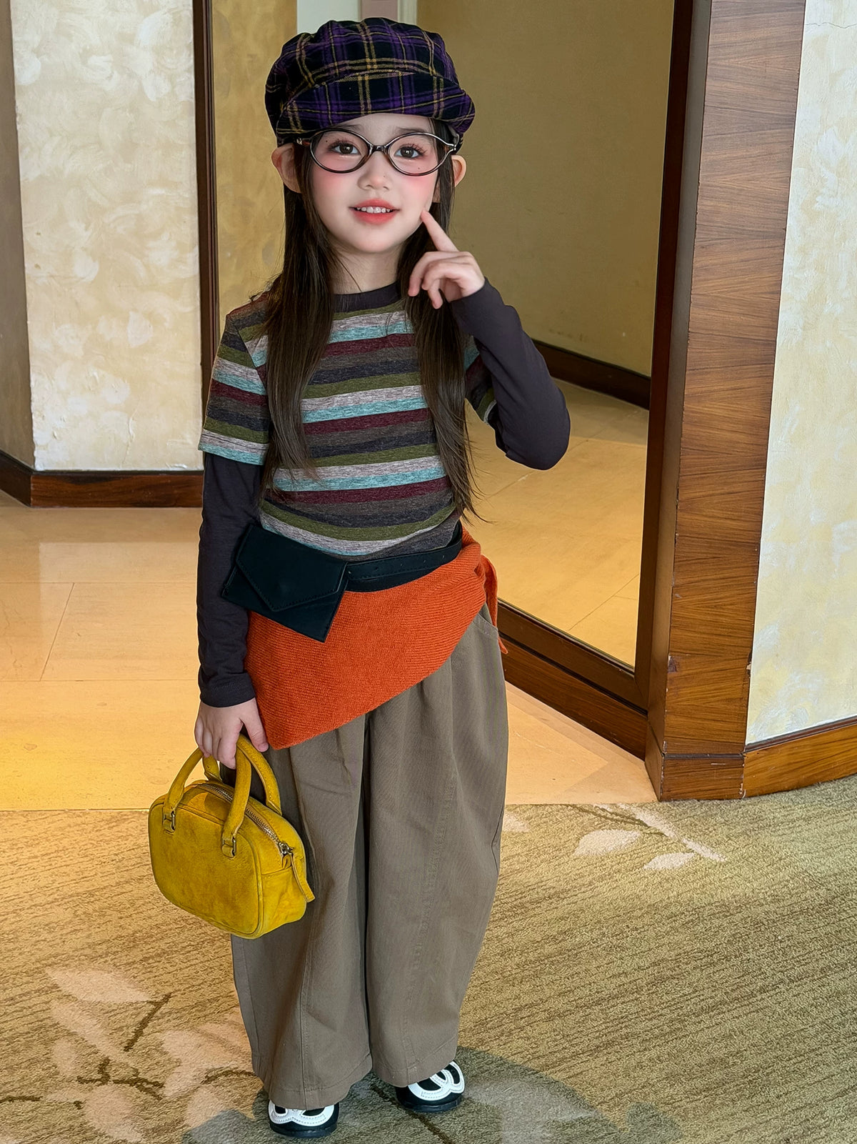Girls Faux Two-Piece Striped Tee & Wide-Leg Pants Set - Korean Autumn Outfit