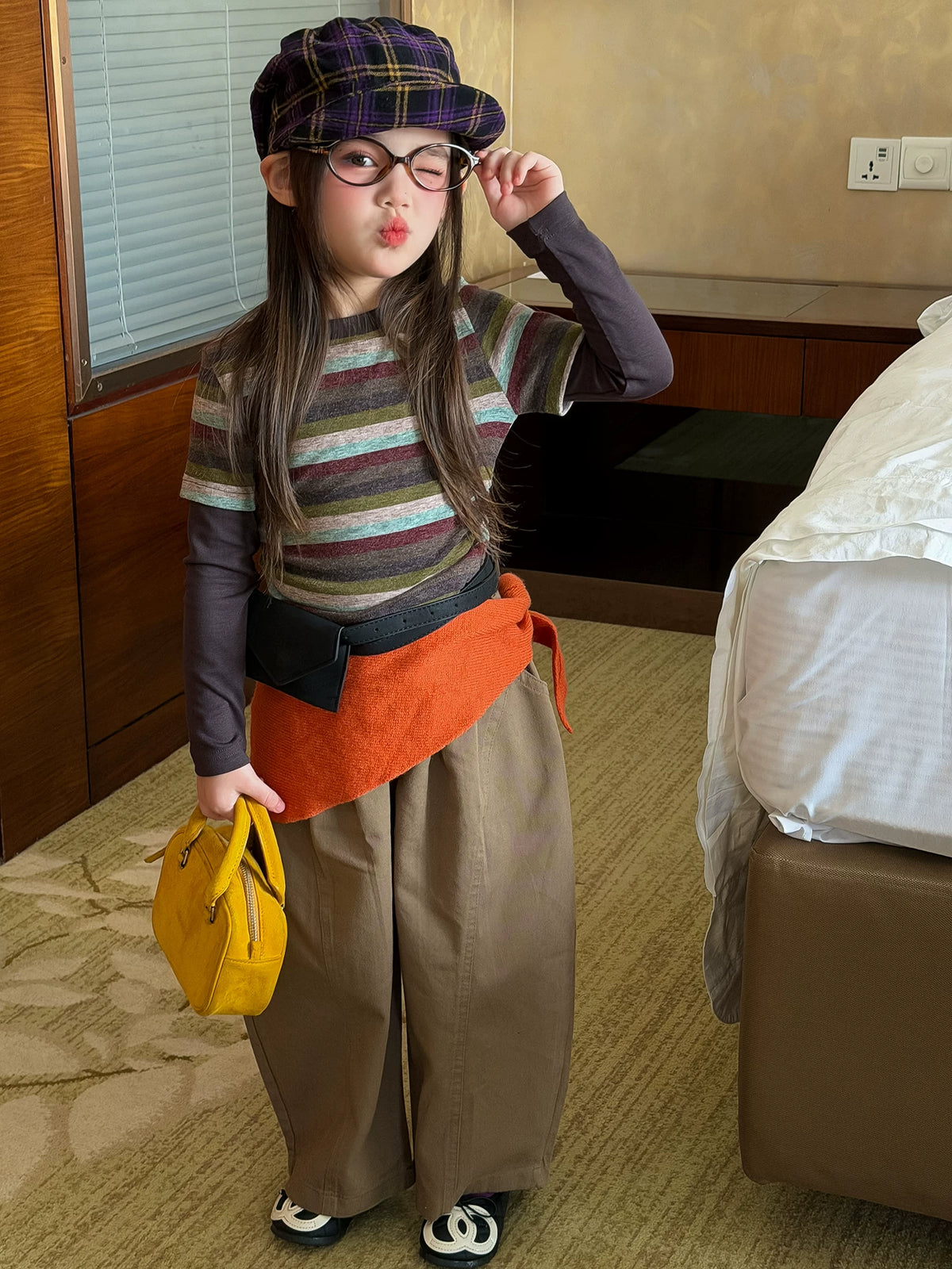 Girls Faux Two-Piece Striped Tee & Wide-Leg Pants Set - Korean Autumn Outfit