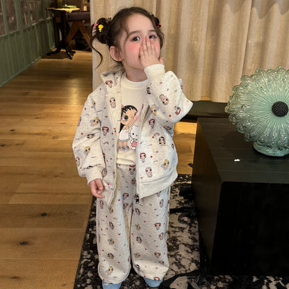 Girls Cartoon All-Over Print Hoodie & Pants Set - Autumn Two-Piece with Bonus Tee