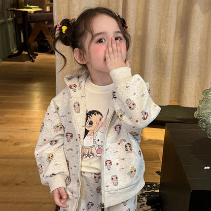 Girls Cartoon All-Over Print Hoodie & Pants Set - Autumn Two-Piece with Bonus Tee