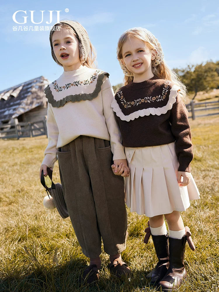 Girls Embroidered Crew-Neck Sweater - Preppy Knit Base Layer