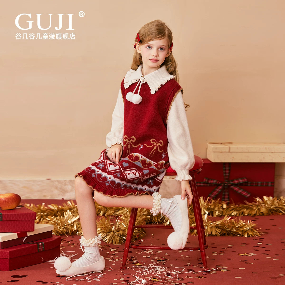 Girls Red Knit Dress - Winter Long Princess Sweater Dress