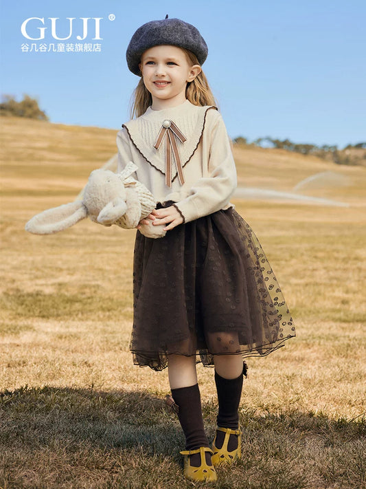 Girls Knit Cardigan & Mesh Skirt Set - Preppy Two-Piece Outfit