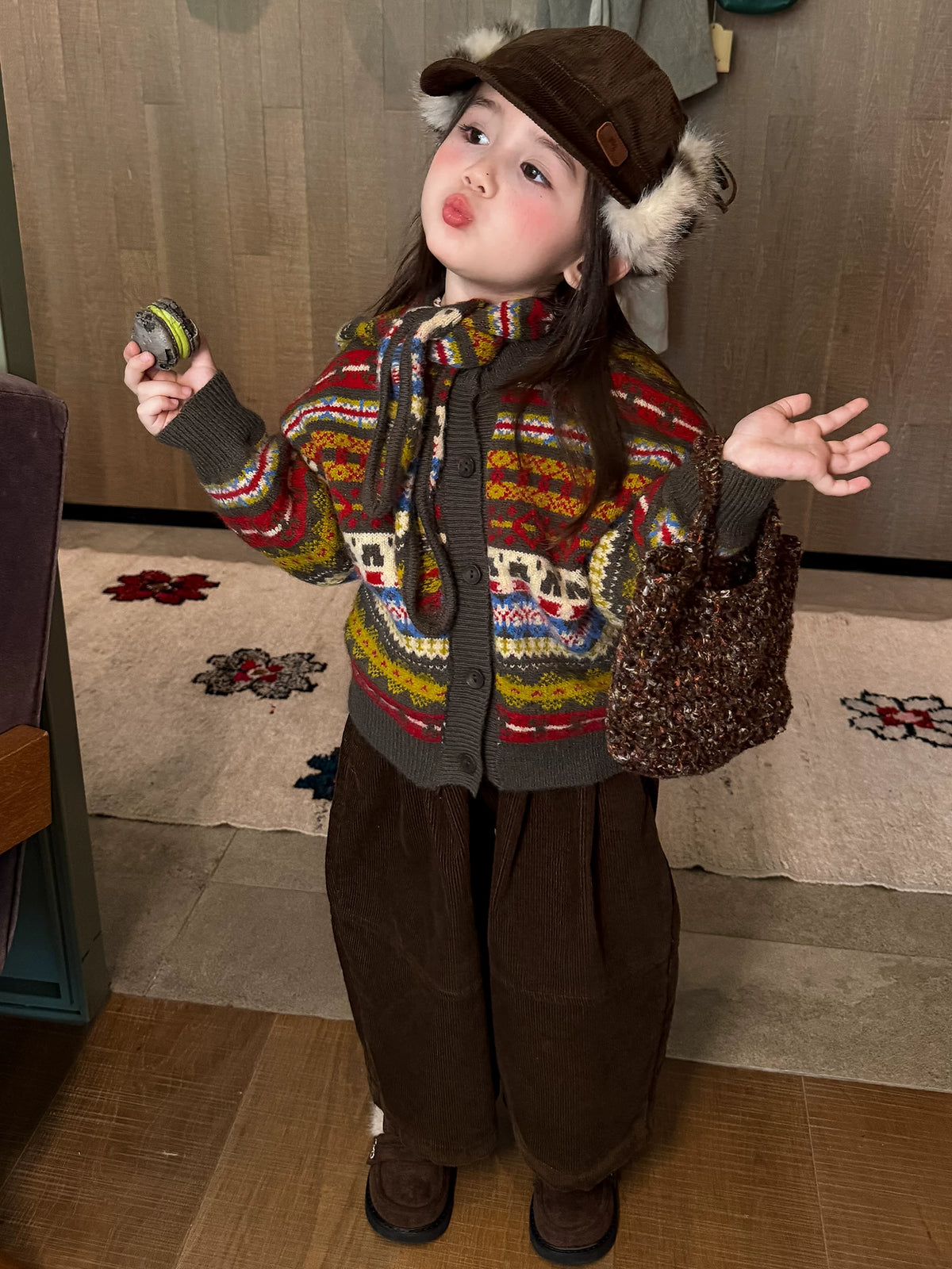 Girls Fair Isle Knit Cardigan & Corduroy Pants Set - Retro Autumn