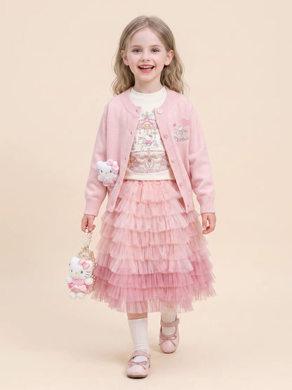 Girls Knit Cardigan, Top & Skirt Set - Cartoon Embroidered Three-Piece