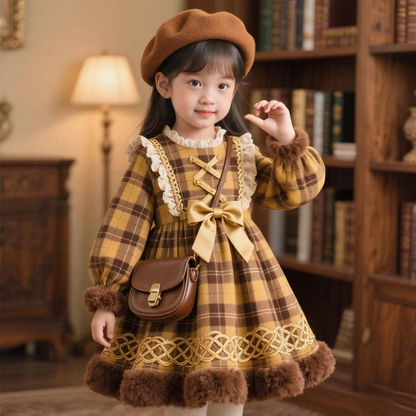 Girls Plaid Lolita Dress - Preppy Long-Sleeve Princess Gown, Unlined or Fleece-Lined