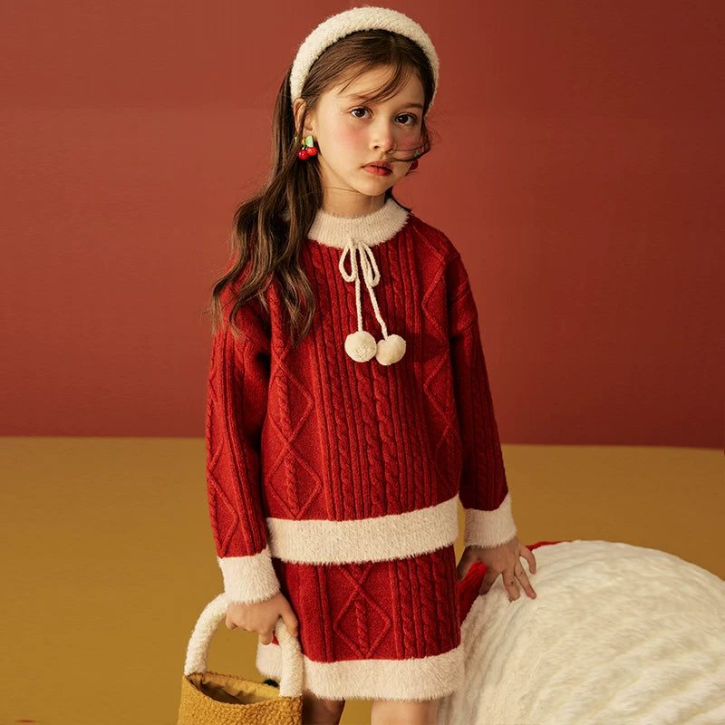 Girls Scarlet Sweater & Skirt Set - Thick Knit Holiday Two-Piece