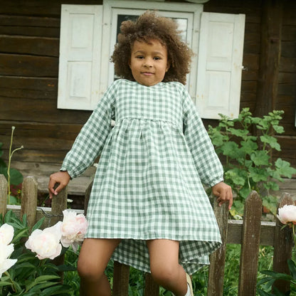 Girls Nordic Linen Dress - Green-White Check
