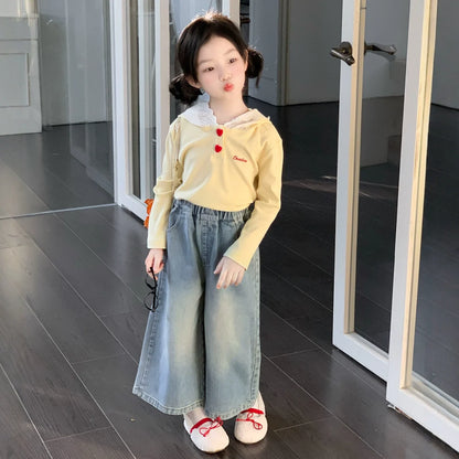Girls Hooded Tee & Wide-Leg Denim Jeans Set - Casual Autumn Outfit