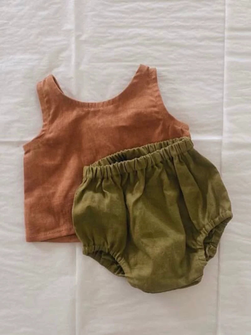 Belgian Pure Linen Baby Set - Sleeveless Romper & Bubble Pants