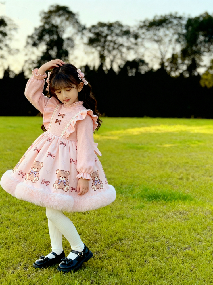 Girls Pink Bunny Fleece-Lined Lolita Dress - Sweet Birthday Princess Gown