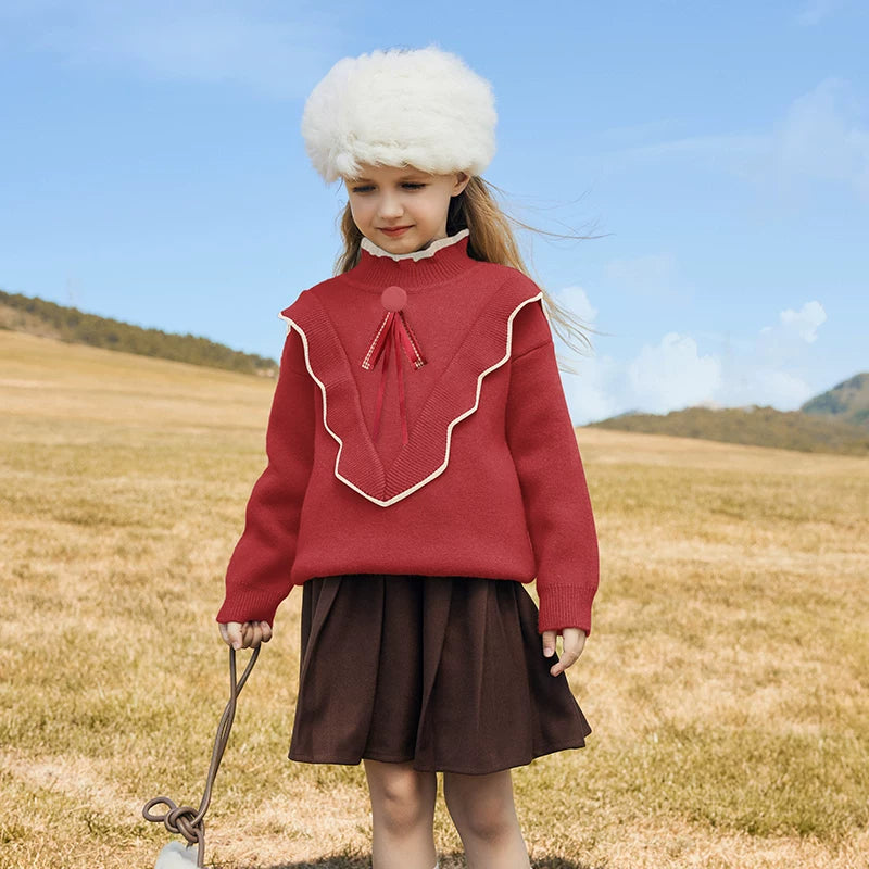 Girls Half-Turtleneck Fleece-Lined Sweater - Thick Preppy Knit Top