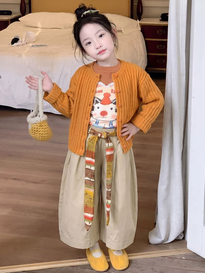 Girls Dopamine Knit Cardigan, Cartoon Tee & Casual Pants Set - Colourful 3-Piece