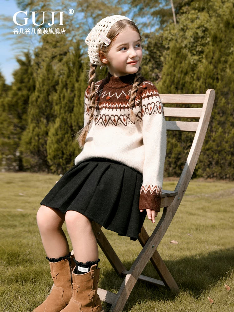 Girls Crew-Neck Knit Sweater - Warm Autumn Base Layer Top