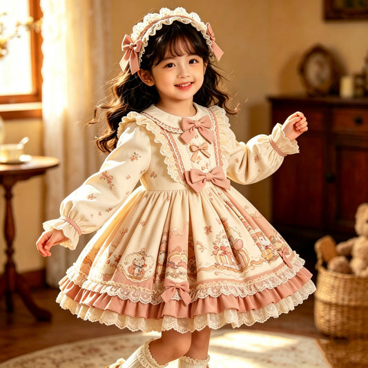 Girls Floral Lolita Dress - Original-Design Apricot Puff Gown, Fleece Option