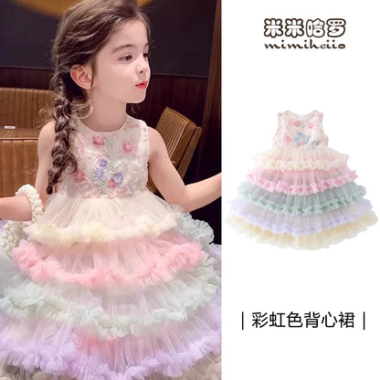 Girls Rainbow Layered Pinafore Dress - French-Style Princess