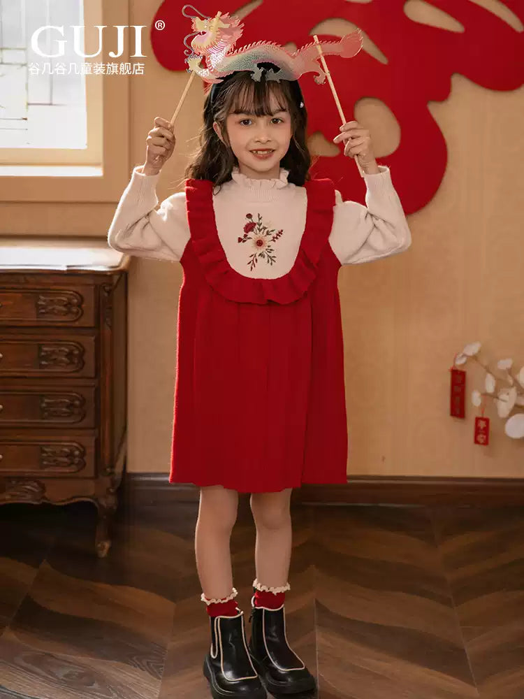 Girls Preppy Knit Sweater Dress - Embroidered Long-Sleeve Midi
