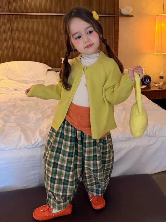 Girls Knit Cardigan, Base Top & Plaid Wide-Leg Pants Set - Retro Autumn 3-Piece