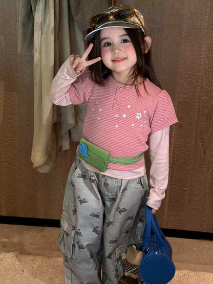 Girls Striped Star Tee Two-Piece & Cartoon Cargo Pants Set - Autumn Mix & Match