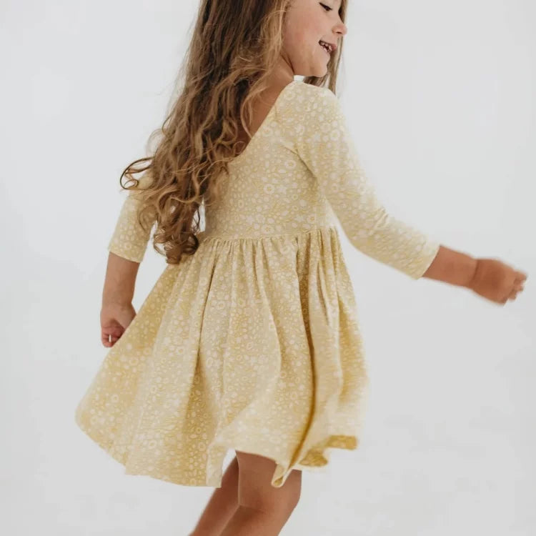 Girls Nordic Linen Dress - Yellow Floral Long-Sleeve