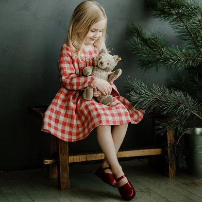 Girls Nordic Linen Pinafore Dress - Red Autumn Overall Dress
