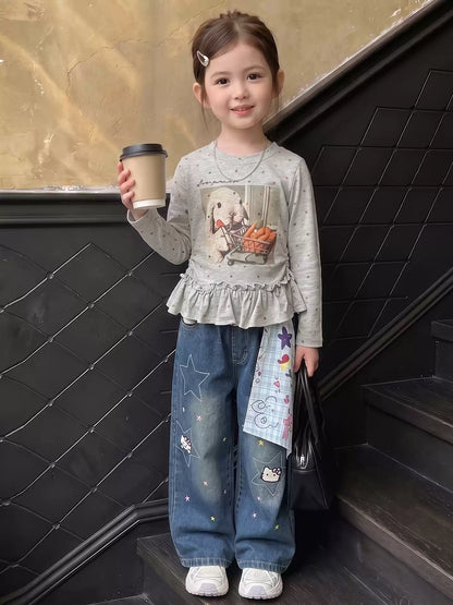 Girls Long-Sleeve Printed Tee & Bandana-Print Jeans Set - Pure Cotton Autumn Separates