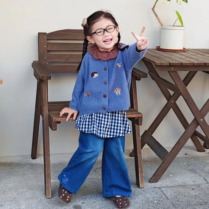 Kids Wool Knit Cardigan - Embroidered Autumn Sweater
